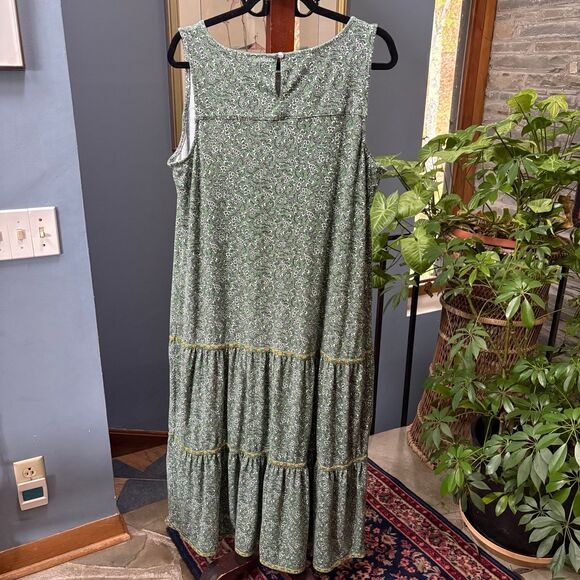 J.Jill Tiered Floral Green Maxi Dress Size L Soft Knit Cottagecore Boho Flowy - Picture 6 of 9